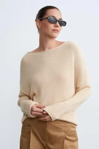 Damen Rippstrick Boot-Ausschnitt Strickpullover