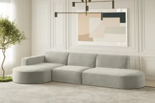 Ecksofa Designersofa PALMA in Stoff Noel Hellgrau Ottomane Links