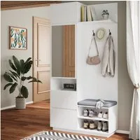 Merax Garderoben-Set 5-in-1 Kompaktgarderobe Scandi Garderobenkombination, (1-St., 90 L × 34,5 B × 190 H (cm), Flurgarderoben Set mit Spiegel Sitzbank Schuhregal Schubladen & Haken
