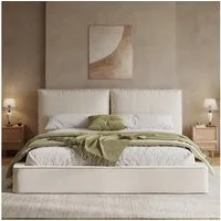 KLAM HOME Polsterbett Beiges Polsterbett aus Chenille mit gepolstertem hohem Kopfteil (Doppelbett 180x200cm mit Hydraulik-Stauraum und Lattenrost), Funktionsbett mit Unterbettstauraum für aufgeräumtes Schlafzimmer
