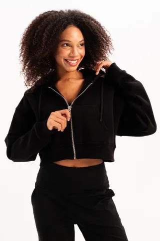 JUSTEVER Crop-Hoodie mit Reißverschluss, Kängurutasche und erhöhtem Bund, Schwarz, Damen-Sweatshirt - Lumen