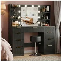 HOMALL Schminktisch Mit dreifarbiger LED-Beleuchtung, mit Spiegel, optional mit Hockern (Maße: 110 x 40 x 137 cm, mit 10 kugelförmigen Lampen, deren Helligkeit und Farbtemperatur einstellbar sind, sowie einer Schublade. Ausgestattet mit 1 USB-Anschlu