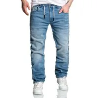 Amaci&Sons Straight-Jeans COPPELL Sweathose im Denim Look Herren Sweathose in Stretch Denim Basic Jeans Kordel