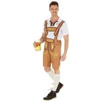 dressforfun Kostüm Lederhose/Herrentracht, in beige, Weißes bequemes, Gr. XXL, Shirt hat am Ausschnitt eine Schnürung, Verstellbare H-Träger