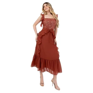 Maya Deluxe - Midikleid für Damen, Eckiger Ausschnitt, Ärmellos (Rostfarben)