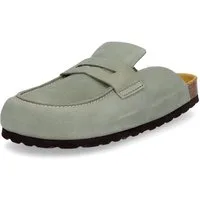 MIDS MIONA Damen Pantolette oliv, Velourleder Clog im Mule-Stil mit ergonomischem Lederfußbett