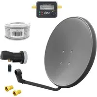 ARLI 60cm HD Sat Anlage grau + Single LNB + 15m Koaxialkabel + Satfinder SAT-Antenne (60 cm, Stahl, Digital 1 Teilnehmer Antenne Grau UHD 4K FullHD)