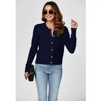 FS Collection Strickjacke Damen Strickjacke mit Rundhalsausschnitt & Zopfmuster Cardigan (Einheitsgröße: UK 8–16 / EU 36–44, 3 Farben : Creme, Marineblau und Grau) 56 % Viskose, 26 % Polyester, 18 % Wolle