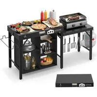Warmounts Grillablagetisch 3-Etagen Multifunktional Grilltisch Service-Tisch Klappbar 110x45x75cm (Gartentisch BBQ Grilltisch mit Arbeitsplatte und Staufächern, 5 Haken), Haupttisch Tragfähigkeit bis 200kg, für Outdoor, Garten & Picknick