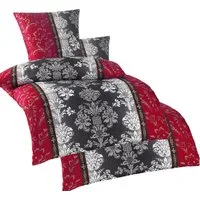 KH-Haushaltshandel Bettwäsche 4-tlg. Seersucker Bettwäsche 2x (135x200 +80x80cm), Ornamente, Seersucker, 4 teilig, rot grau weiß, Microfaser, bügelfrei