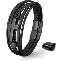 UNIQAL.de Lederarmband HEAVEN – Kreuzarmband aus Edelstahl, Symbol für Glaube & Stärke (Edelstahl, Echtleder, Casual Style, Magnetverschluss mit Verlängerungsglied), Premium Qualität, Männerschmuck, Geschenkidee