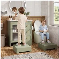 Flieks Waschtisch mit versteckter Fußstütze, LED-Beleuchtung, Glastür und 2 Schubladen (B80/T50/H87 cm, 1-St., bodenstehend, Badzimmerschrank & rechteckig Keramikbecken), Waschbeckenunterschrank inkl. Waschbecken mit ausziehbar Hocker Grün