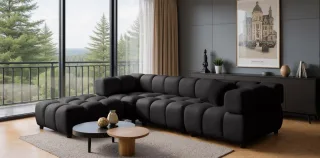 Sofa Designersofa FLOW 3-Sitzer inkl. 1 x Polsterhocker Stoff Bluvel Schwarz