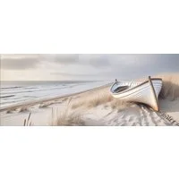 artissimo Glasbild XXL Bild aus Glas 125x50 cm / Panorama Wandbild groß / Wanddeko modern, Strand-Landschaft: Einsames Boot am Strand in Beige