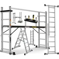 MASKO Arbeitsgerüst Baugerüst mit Arbeitsbühne 4in1 Mehrzweckleiter, bis 150kg belastbar, als Anlegeleiter, Bockeiter, Treppenleiter & Gerüstleiter nutzbar