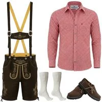 German Wear Trachtenlederhose Trachten Set + Hemd Rot (Spar-Set, 5-Teilig Set) Trachten Set Hose, Hemd, Schuhe, Socken & Hosenträger