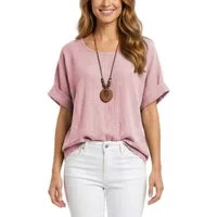 dy_mode Kurzarmbluse Damen Kurzarm Bluse Leichte Sommer Tunika Baumwollbluse Oberteil in Unifarbe, mit passende Kette