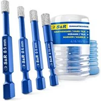 S&R Bohrersatz Diamantbohrer, Fliesenbohrer, Glasbohrer Sechskant-Schaft für, (Set 4-tlg. 5, 6, 8, 10 mm), Keramik, Granit, Glas, Porzellan, Fliesen, Feinsteinzeug, Marmor