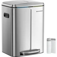 SONGMICS Mülleimer Küche, 2 x 20 L, Mülltrennsystem 2 Fächer, Treteimer, geruchsdicht, Abfalleimer Metall, Inneneimer aus Kunststoff, Softclose, silbern