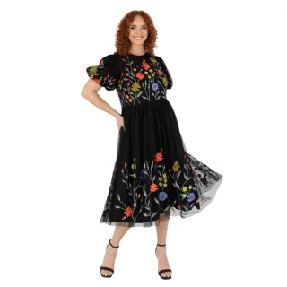 Maya Deluxe - Midikleid für Damen, Rundhalsausschnitt, Puffärmel (Schwarz)