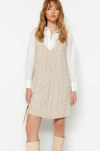 Graues Zopfmuster Mini-Spaghettiträger-Kleid für Damen, lässig, normale Passform