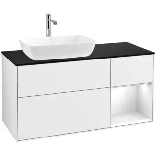 Villeroy und Boch Finion Waschtischunterschrank F812GFGF 120cm, Abdeckplatte black matt, Regale Glossy white lacquer, Glossy white lacquer