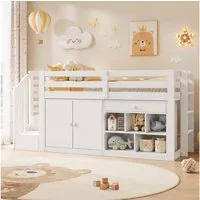 KLAM HOME Hochbett Multifunktionales Kinderbett aus Holz mit Treppe und Stauraum 90*200 Treppen/Schränke links und rechts austauschbar, weiß