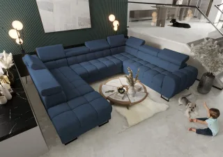 Wohnlandschaft Schlafsofa BASTIEN XL in Stoff Moly Dunkelblau Ottomane Links