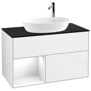 Villeroy und Boch Finion Waschtischunterschrank F892GFGF 100cm, Abdeckplatte black matt, Regale Glossy white lacquer, Glossy white lacquer