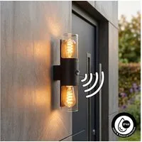 hofstein Außen-Wandleuchte Außenleuchte mit Bewegungsmelder aus Metall/Glas in Schwarz/Klar, ohne Leuchtmittel, Wandlampe für Terrasse/Hof, 2 x E27, ohne Leuchtmittel, IP44