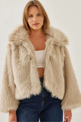 Gekürzter Offene-Front-Faux-Fur-Mantel mit langen Ärmeln