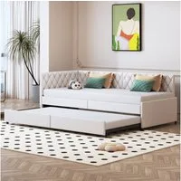 zebery Polsterbett Daybett 90x200cm,Tagesbett Schlafsofa mit Ausziehbett 90x190cm, Beige,Kinderbett mit Lattenrost, Samt