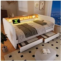 Flieks Polsterbett, LED Daybett Kinderbett 140x190cm mit Ladefunktion und 2 Schubladen