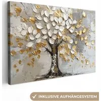 OneMillionCanvasses® Leinwandbild Baum - Beige - Grau - Gold - Abstrakt, Fotodruck (1 St), Leinwand Bilder Klein, Wand Dekoration Aesthetic 30x20 cm
