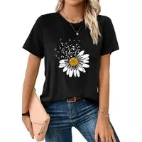 PYLIKE Print-Shirt Bequemes Shirt Damen Kurzarm Basic-Shirt mit Gänseblümchen Print Bequem für Freizeit und Büro,Strandurlaub