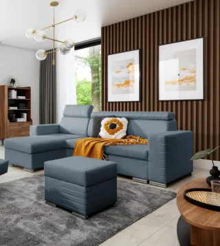 Ecksofa Schlafsofa inkl. Hocker CANTON Stoff Liverpool Azurblau Ottomane Links