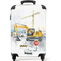 NoBoringSuitcases.com© Kinderkoffer Baustelle mit gelbem Bagger und Kran 55x35x20cm, 4 Rollen, Kinder Koffer Klein, Trolley Handgepäck, Reisekoffer