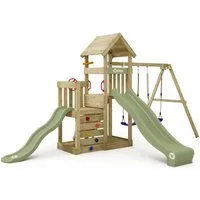 Wickey Klettergerüst SkyFlyer Spielturm mit 2 Podesten, 2 Rutschen & Doppelschaukel, (Wetterfester Massivholz Kletterturm für Outdoor-Abenteuer, Kletteranbau fördert Gleichgewicht, Bewegung & Motorik), Abenteuer für kleine & große Kinder mit 10 Jahre
