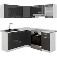 Vicco Winkelküche Rick, Anthrazit Hochglanz/Weiß/Weiß, 190 x 60 cm, AP Marmor