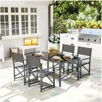 Outsunny Garten-Essgruppe für 4 Personen, mit 4 klappbar Stühlen, Glastisch, (Gartenmöbel-Set aus Stahl, 5-tlg., Sitzgruppe), für Terrasse, Balkon Grau