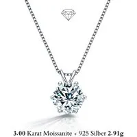 UNIQAL.de Silberkette 925 mit Moissanit 3,0 Karat – Solitaire Diamant Anhänger Optik (Silberkette mit Solitaire Moissanit Anhänger, 925 Sterling Silber weißgold oder 14K gold veredelt, inkl. Luxuriöse Schmuck Geschenkbox), Moissanit VVS1 Reinheit, GR