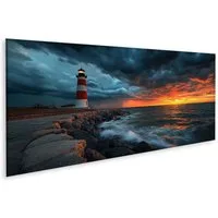 islandburner Leinwandbild Leuchtturm bei stürmischem Sonnenuntergang Wandbild