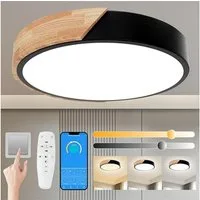 POPOLIC LED Deckenleuchte 24-W-moderne Leuchte, Deckenleuchte Holz, dimmbare Decke 3000k-6000k, ferngesteuerte LED-Deckenleuchte, für Wohnzimmer und Flur, Schwarz
