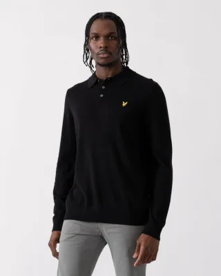 Lyle & Scott Lang�rmliges Strick-Poloshirt aus Merinowolle in Schwarz