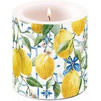 Ambiente Luxury Paper Products Stumpenkerze, Stumpenkerze Paraffin 7,5x9cm mit Zitronen Muster Gelb / Weiß
