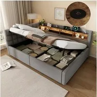 Merax Daybett mit LED-Beleuchtung & USB-Anschluss, Polsterbett mit Leinenbezug (Schlafsofa Jugendbett, 1 tlg), Tagesbett 140x200cm mit hydraulischem Stauraum & Seitenregalen
