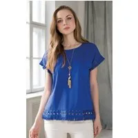 Passioni T-Shirt in Royalblau, mit Spitzen und Fransen am Saum und den Ärmeln