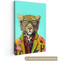 OneMillionCanvasses® Leinwandbild Tier - Brille - Leopard - Schleife - Design, Fotodruck (1 St), Leinwand Canvas Wandbild, Wanddekoration 20x30 cm