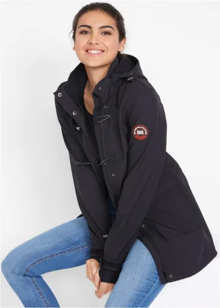 bonprix wasserabweisende Duffle-Jacke aus Softshell, schwarz, Gr.50, Bequeme Übergangsjacke aus wasserdichtem Softshell-Material mit Kapuze, aus Softshell