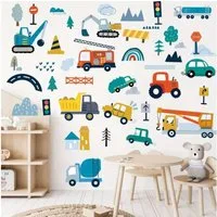 Montegoni Wandsticker Baustellenfahrzeuge Wandsticker Set Kinderzimmer Bagger LKW Kran (Mehrteiliges Wandsticker Set, 5er Set Baustellen Wandsticker), Selbstklebend, Ablösbar, Glänzend, Mehrteilig, Dekorativ